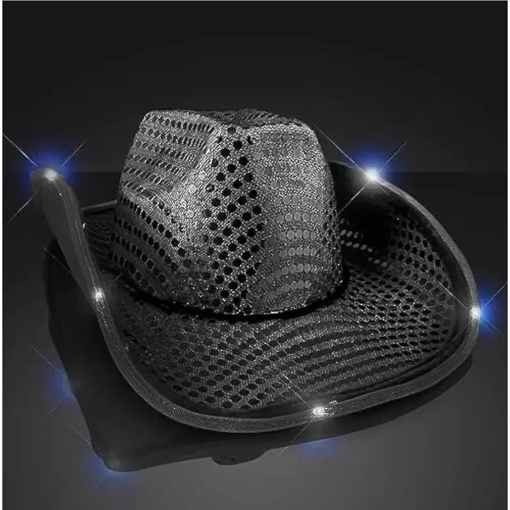 O/S Shiny Sequin Light Up Cowboy Black Hat Set/4